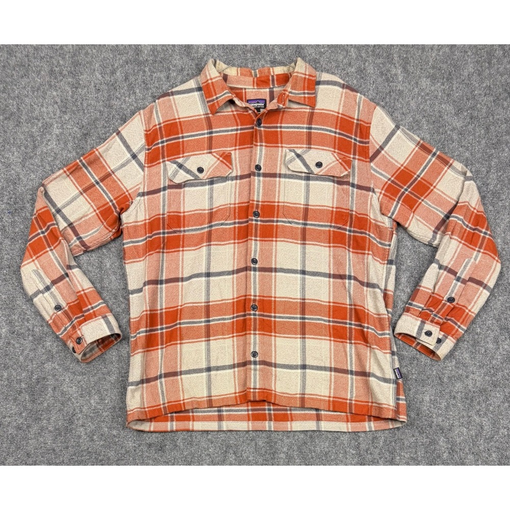 Patagonia Mens Fjord Flannel Shirt Orange Cream Plaid Organic Cotton Large